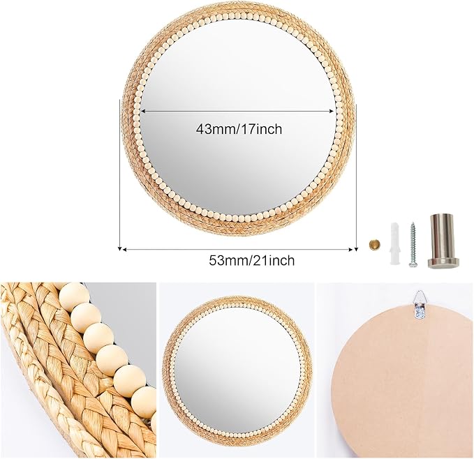 21 Inch Boho Round Hanging Wall Mirror Decorative Rattan Circle Wall Mounted Mirror for Farmhouse, Living Room, Bedroom, Bathroom