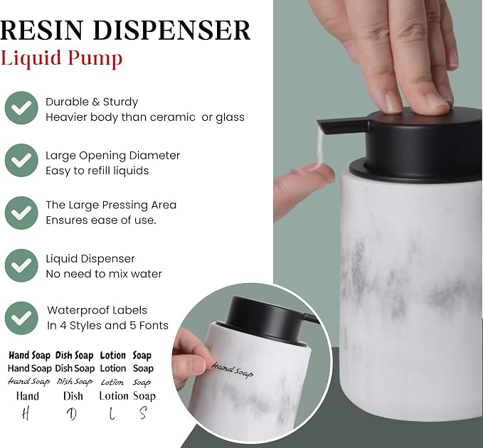 Clasin Home Resin Hand Soap Dispenser Easy-to-Press Liquid Pump, Refillable Soap Dispenser with White Marble Look, Waterproof Bottle Labels for Bathroom Kitchen Dish Lotion (White, 10 oz)