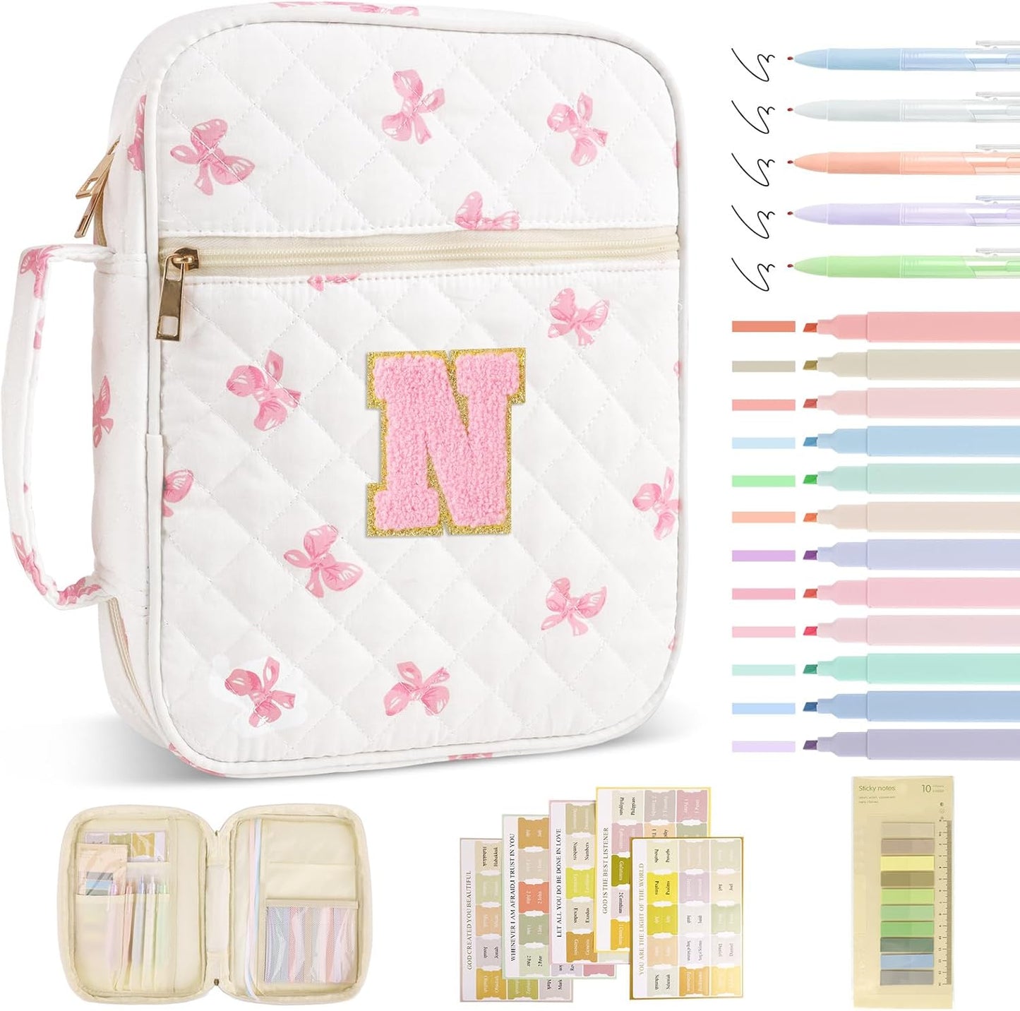 Skiennix Personalized Initial Bible Cover - Stylish Quilted Case with Handle for Women & Girls | Pink Bow-N