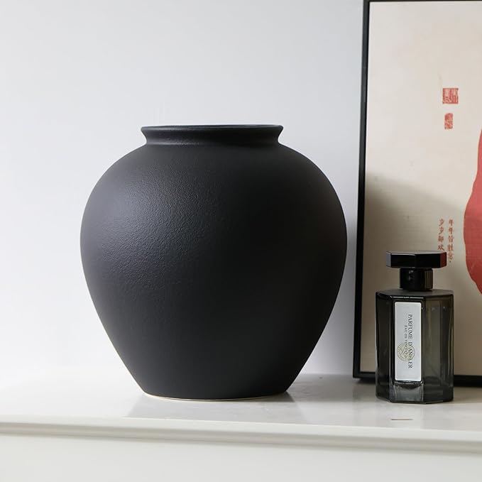 Large Black Ceramic Flower Vase,Decorative Jar Flower Vase, Decorative Jar Modern Centerpiece Table Decorations,Rustic Ceramic vases for Home Decor Dining Room (Black, 0617)