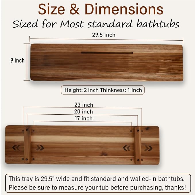Premium Acacia Wood Bathtub Tray Caddy for Standard Tub, 29.5" L Adjustable Bath Tray for Tub, Luxury Spa Bathroom Tray Organizer Table, Bath Tub Accessories for Women, Housewarming, Birthday Gifts