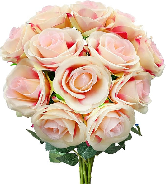 12 PCS Rose Artificial Silk Flowers, Fake Roses with Long Stems Realistic Faux Rose Flower Bouquets for Home Wedding Decoration Party-Gradient Pink