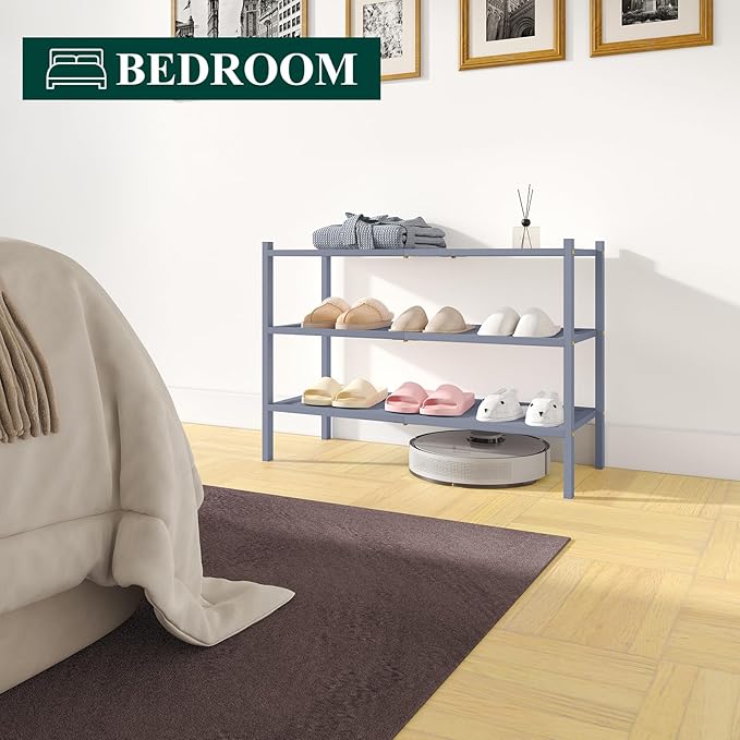 Smiry Bamboo Shoe Rack, 3 Tier Shoe Organizer for Entryway & Closet, Stackable Free Standing Storage Shelf for Shoes, Bags & Plants, Grey