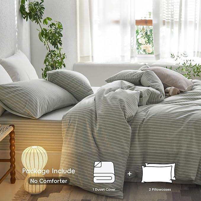 MooMee Striped Duvet Cover Set 100% Washed Cotton Linen Like Textured Breathable Durable Soft Comfy (Sage Green White Wide Stripes, Alaska King 132"x120")