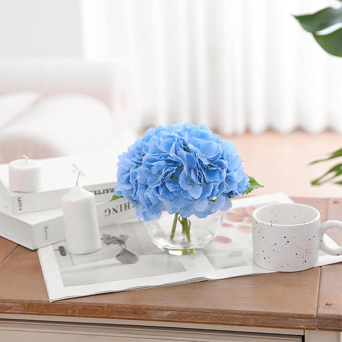 Blue Hydrangea Artificial Flower with Vase Fake Flower in Glass Vase with Faux Water for Home Bathroom Office Table Centerpiece Shelf Decorations Flowers