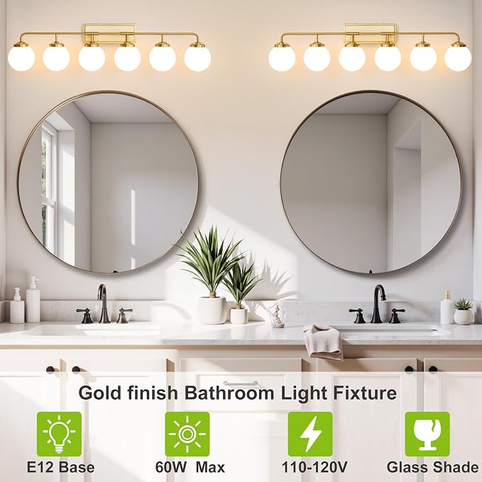 Bathroom Light Fixtures Gold Vanity Lights Over Mirror, Modern Wall Sconce Lighting 6-Light with White Glass Globe Shade