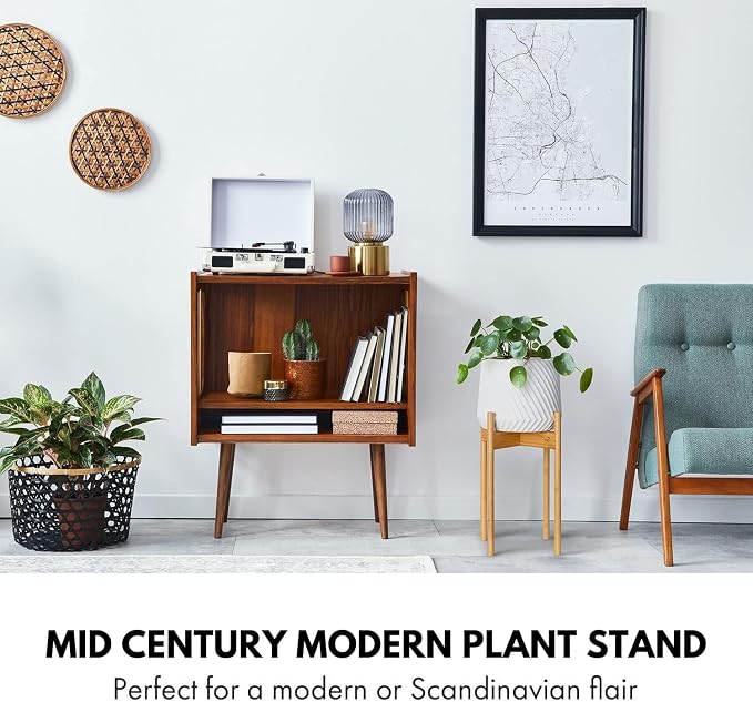 Fox & Fern Mid Century Tall Plant Stand — 10 Inch Fixed Size Raised Bamboo Plant Stand for Indoor Pots (Not Included) - Modern Flower Pot Holder with Plug In Design - Easy to Assemble - Bamboo