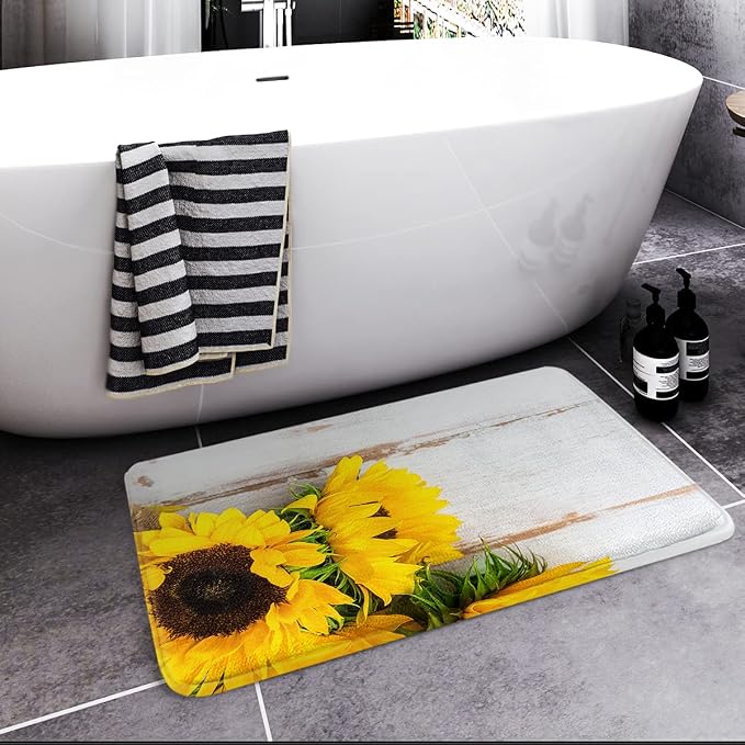 Britimes Bath Mat for Bathroom, Yellow Sunflower Washable Cover Floor Rug Carpets Floor Mat Bathroom Decorations 18x30 Inches for Kitchen Bedroom Indoor