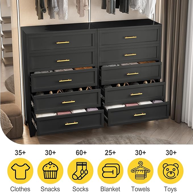 53.54" Tall Metal Dresser for Bedroom, 5 Drawer Black Closet Dressers Chests, Modern Storage Organizer Unit, Large Storage Space Drawer Storage Cabinet for Living Room, Entryway, Hallway