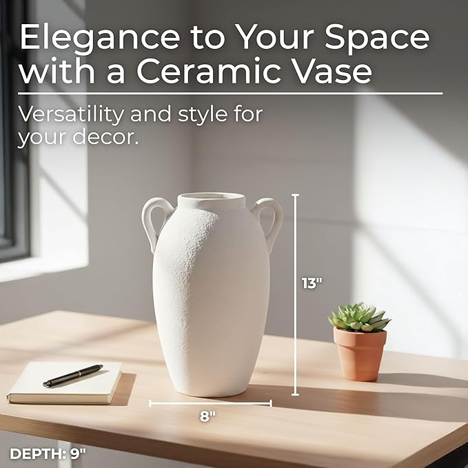 Decorative Vase for Home Decor – Textured Ceramic Jug with Handles, White Table Vase for Flowers, Modern Centerpiece for Living Room Styling or Shelf Displays, Casual Home Accent – 13", White