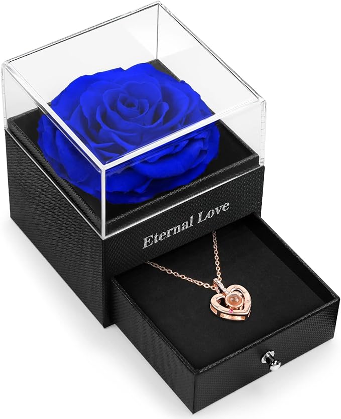 for Mom Wife Women Girlfriend Her, Preserved Real Rose with I Love You Necklace in 100 Language, Eternal Real Rose Flower Gifts for Valetine's Day Birthday Anniversaries