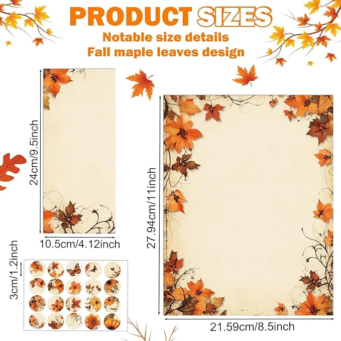 EggSun 250Pcs Fall Thanksgiving Stationery Paper and Envelope Set with 100 Letterhead Papers and 50 Envelopes, 10 Design for Letter Writing Invitations Computer Holidays Party Notes, 8.5x11 Inch-Leaf