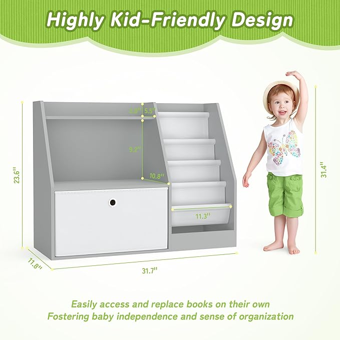 TOETOL Kids Bookshelf,Book Storage Organizer,4 Sling Toddler Wooden Book Shelf,2-Tier Kids Bookcase for Bedroom,Livingroom,Playroom,Nursery-Grey