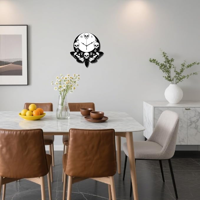 Skull Wall Clock Irregular Shape Decorative Wall Clock Moth Moon Non-Ticking Clock for Home Office Decoration, 13.54×12.99 inch