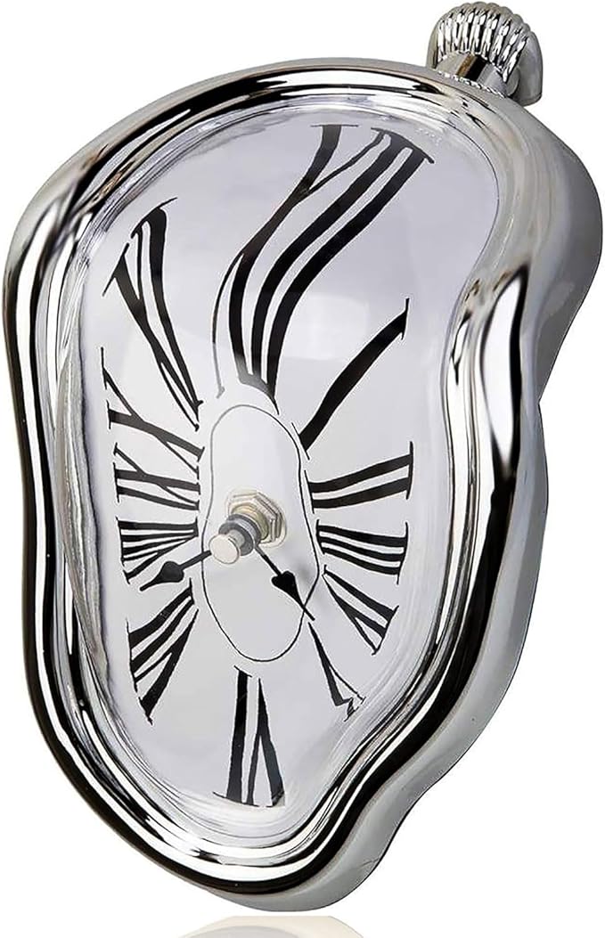 Melting Shelf Clock Art Decor - Salvador Dali Surreal Dripping, 8x4 in Bright Silver Polished Shelf & Desk Gift