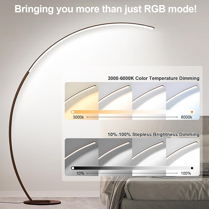 RGB Floor Lamp with 3 Color Temperatures, Ultra Bright 1800LM Smart Arc LED Floor Lamp with Remote Control, Music Sync, Scene Modes, Modern Standing Tall Lamp for Bedroom Living Room Gaming Room-Brown