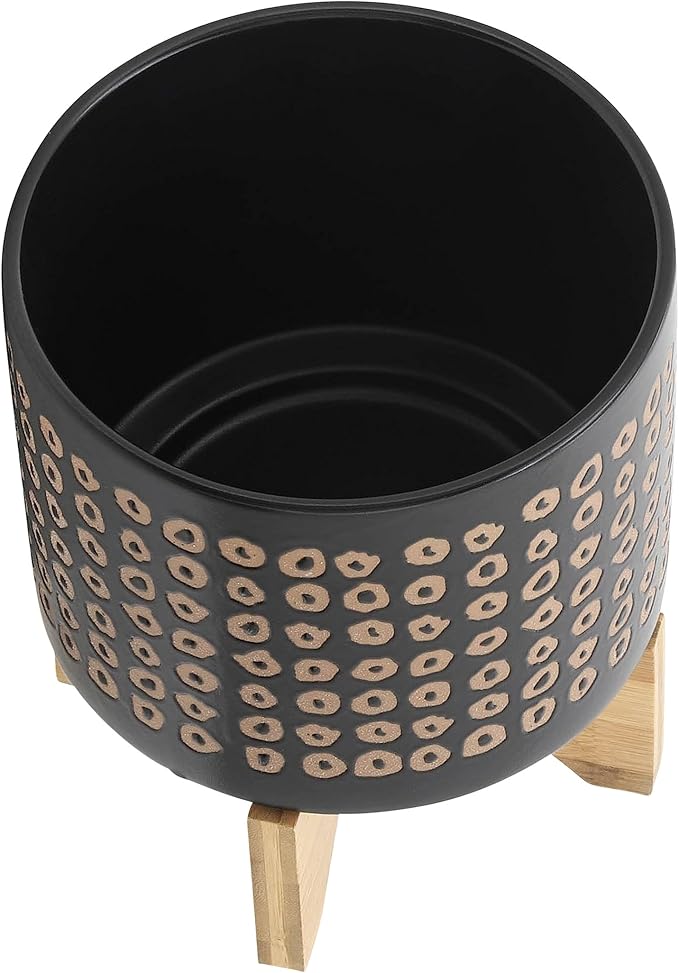 Set of 2 Ceramic Planters with Bamboo Stand Plant – Plant Stand Indoor Display Greenery, Living Room & Outdoor Decor – Aztec Pattern Planters for Collected Home Decor – 10.5" & 7.75"– Brown Black