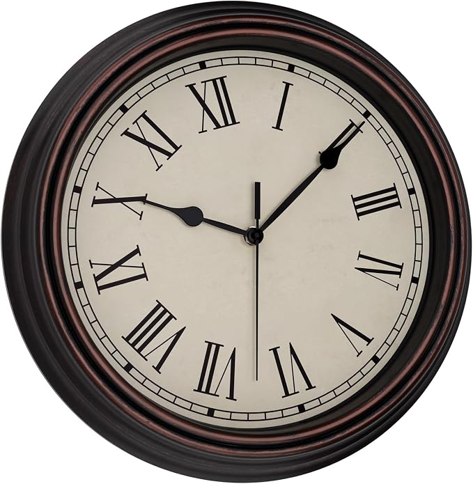 Foxtop 14 Inch Roman Numerals Wall Clock Battery Operated Silent Non-Ticking Round Classic Vintage Retro Wall Clock Decorative for Living Room Kitchen Home Office (Bronze)