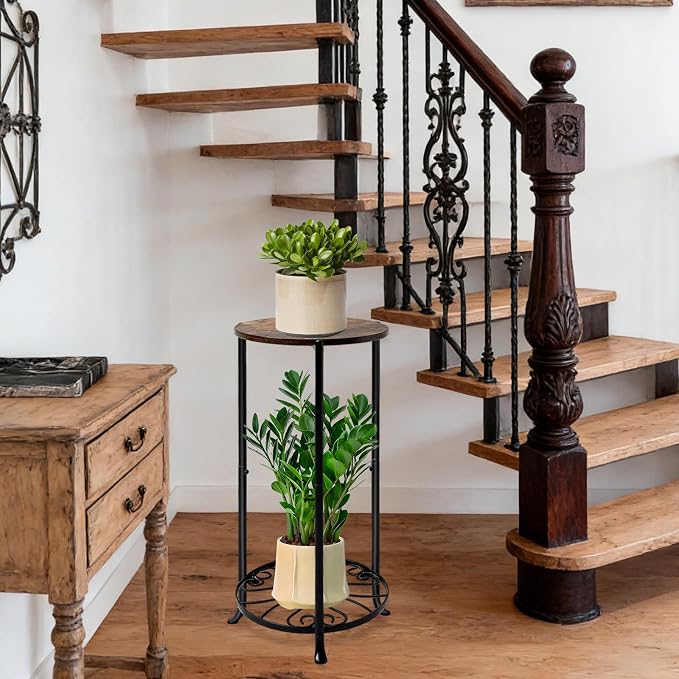 Plant Stand Indoor, 2 Tier Wood Round Potted Holder Rack, 27 " Tall Flower Pot Stand Shelf, Round Supports Plant Stand for Large Plants, Corner Plant Shelf for Balcony Garden Patio Living Room, Brown