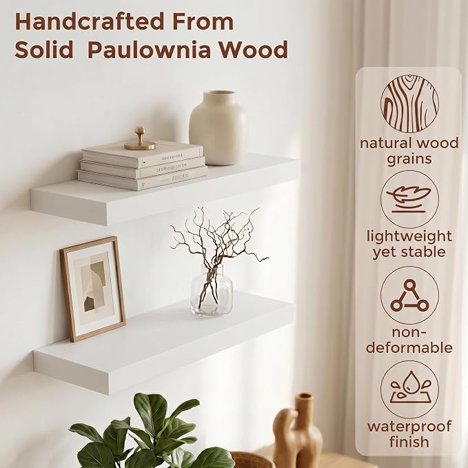fuqing 20 Inch Floating Shelves | 6.7 Inch Deep White Shelves for Wall Set of 2 | 20''W x 6.7''D x 1.4''H White Wood Shelves for Living Room Bathroom Bedroom Kitchen Home Office