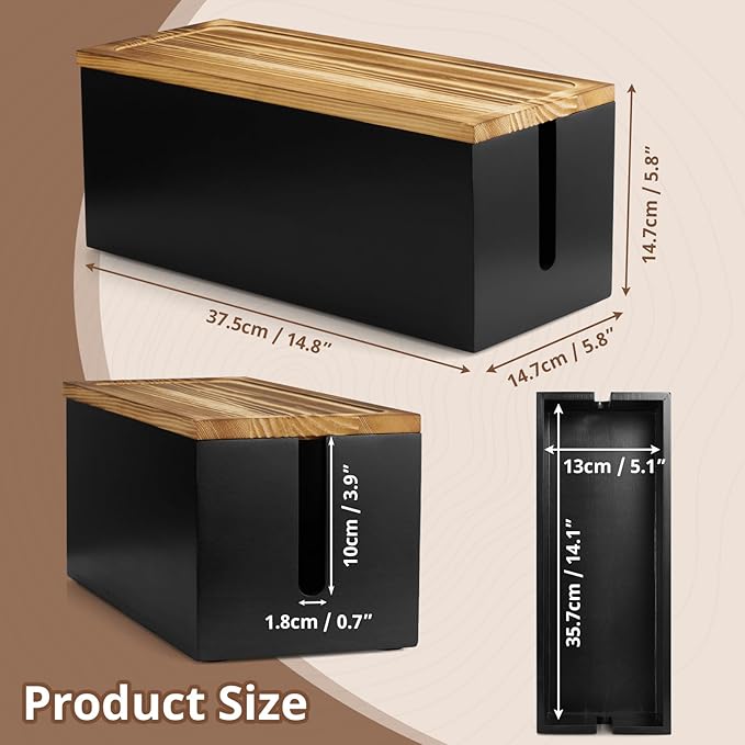 Large Wood Cable Management Box - Cable Organizer Box - 2 Open Slots Cords Hider Box - Under Desk Cord Organizer for Power Strip Extension Cord Surge Protector Charger Wire, Black