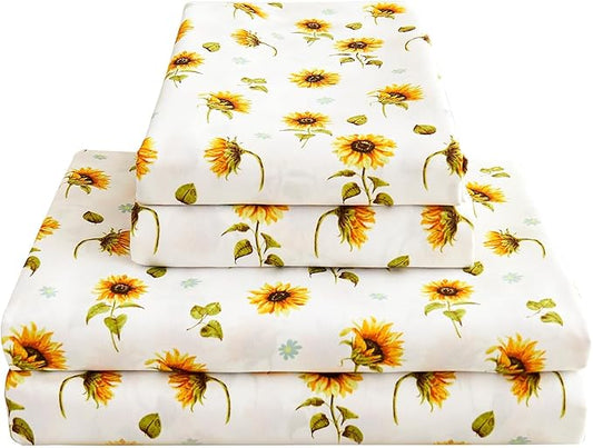 Softan Yellow Floral Sheet Set King, Sunflower Printed Bed Sheets King, Brushed Microfiber Fitted Sheet with 15" Deep Pocket & Non-Slip Straps, Yellow Flower Patterned Sheet & Pillowcase Sets