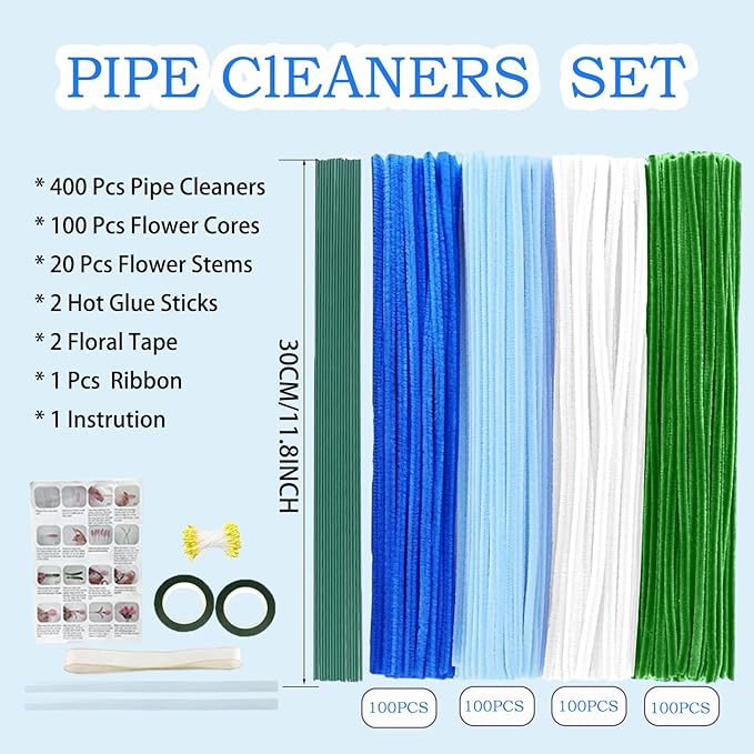 Pipe Cleaners Flower Craft Kit,Chenille Stems Craft DIY Bouquet Making Set with Floral Wires, Gardening Tape, Stamens & Ribbon for Home Decor-Holiday Decorations,Gifts - 400 Pcs (Blue)