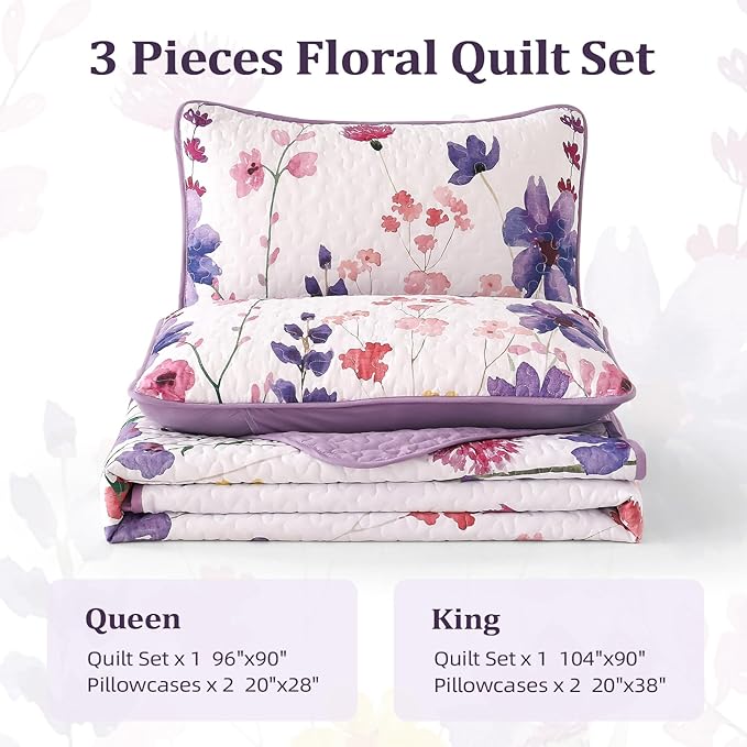 Anibedding Purple Quilt Set Queen, Floral Pattern Microfiber Bedspreads Queen Size 3 Pieces Lightweight Reversible Bedding Set with 2 Pillowcases(96"x90")