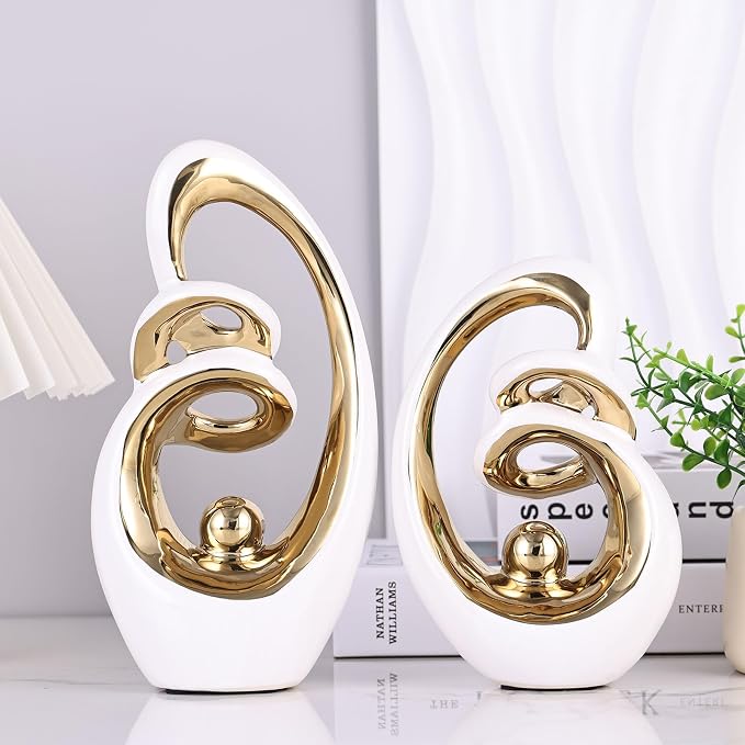 Modern Abstract Porcelain Sculpture, White Gold Show Piece for Home, Knick Knacks for Decor, Tv Stand Centerpiece