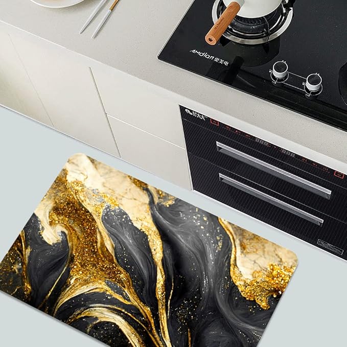 Diatomaceous Earth Bath Mat,Black Grey Gold Marble Texture Non-Slip Volume Super Absorbent Fast Drying for Bathroom Kitchen Door mat,Eco-Friendly Easy to Clean 20×31Inch(50 * 80cm)