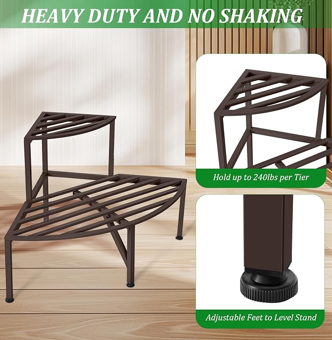 Dipion Corner Plant Stand Outdoor Metal,2 Tier Heavy Duty Ladder Plant Shelf Indoor for Multiple Plants,37.08" L x 22.83" W x 20.07" H,Coffee