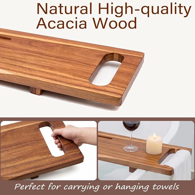 Acacia Wood Bathtub Tray Caddy for Freestanding Tub, 39" L with Handles Adjustable Bath Tray for Tub, Luxury Spa Bathroom Tray Organizer Table, Bath Tub Accessories for Women, Housewarming Gifts