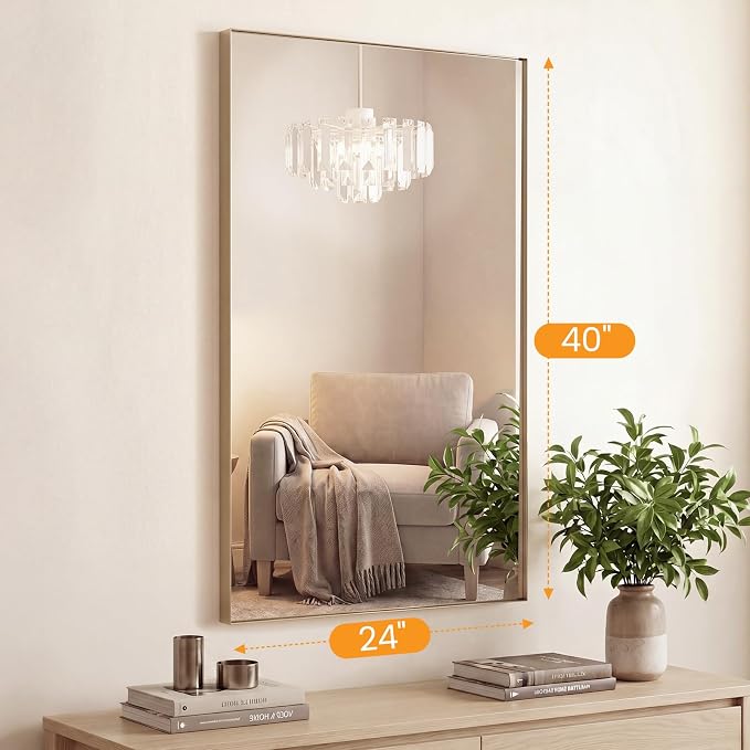 Sweetcrispy Bathroom Mirrors for Over Sink, 24" x 40" Rectangle Wall Mount Mirror with Metal Frame, Modern Vanity Mirror with Tempered Glass, for Home Decor, Anti-Rust, Gold