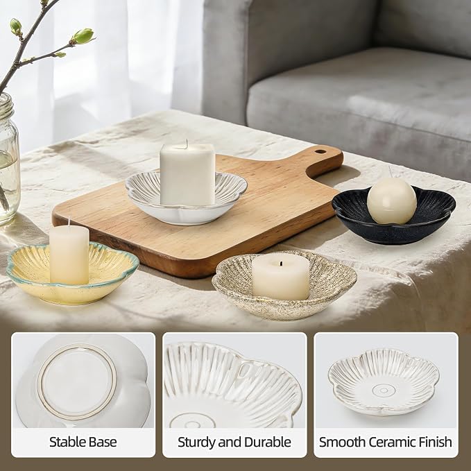 Koythin Ceramic Candlestick Holder for Pillar Candles, Floral Shape Candle Stand & Dish Bowl for Candlesticks, Incense, Decorative Ceramic Plate Tray for Table Centerpiece and Home Decor (White)