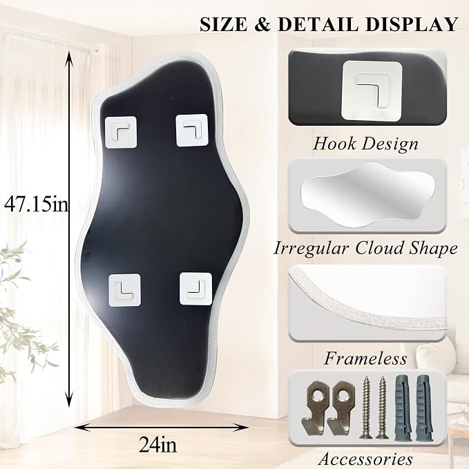 Irregular Frameless Mirror, 47.2"x24" Silver Asymmetrical Tempered Glass Mirror, Organic Shaped Wall Mirrors for Entryway Bedroom Living Room Bathroom, Horizontal or Vertical Hanging
