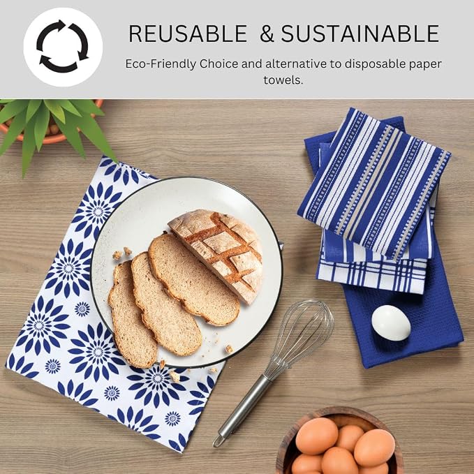 Assorted Kitchen Towels Large 16x26 Inch 100% Cotton Set of 5 - Dish Cloths Towels with Hanging Loop - Soft Absorbent Washable Tea Towels for Kitchen - Quick Drying Dish Towels Navy Blue