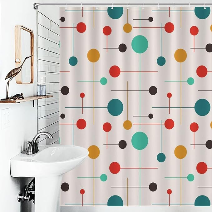 Mid Century Modern Shower Curtain,Atomic Starburst Geometric Diamond Pattern Shower Curtains Set for Bathroom Fabric Decorative Bath Curtain Washable Curtain Hooks, 72x72”