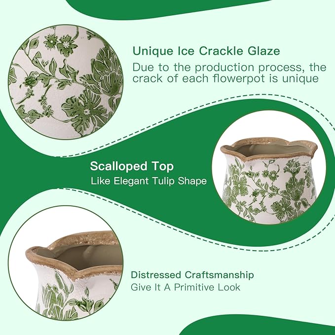 Ceramic-Planters-for-Indoor-Plants with Saucer, 6 inch Vintage Ice Crack Glaze Plant Pots with Drainage Holes, Decorative Flower Pots for Outdoor Garden Home Decor, Tuscan Pot for Plant