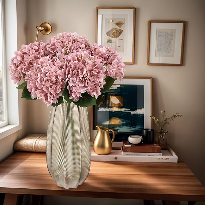 Kimura's Cabin 5Pcs 21inch Real Touch Artificial Hydrangea Flowers Realistic Latex Hydrangeas Long Stem with Leaves Hydrangea Bouquet for Home Wedding Baby Shower Birthday Party Decoration，Cameo brown