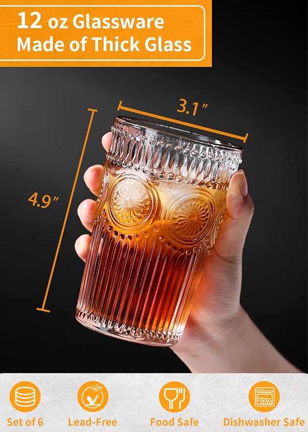Loivttvv 6pcs Vintage Drinking Glasses Set, 12 oz Clear Highball Glasses, Embossed Ribbed Glassware Cups for Cocktail, Water, Juice, Coffee, Whiskey