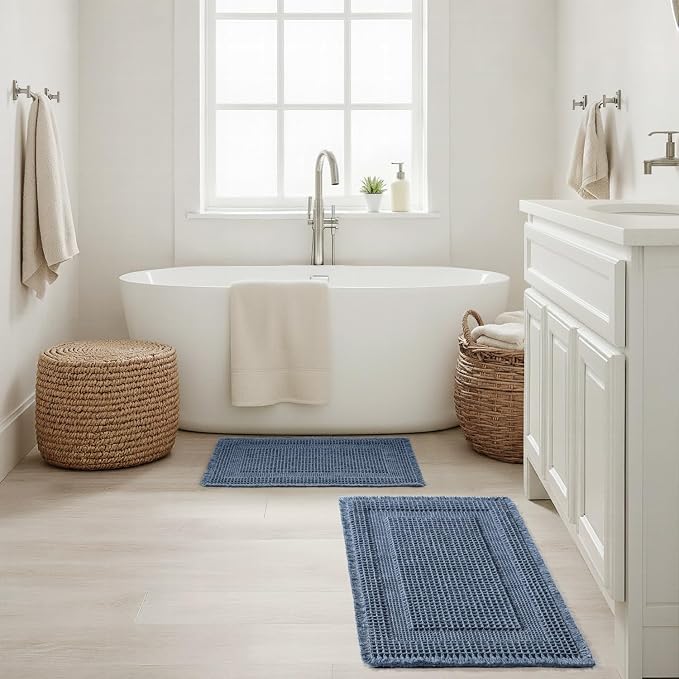 MIULEE Set of 2 Waffle Bathroom Rugs, Boho Bath Rugs Non Slip Washable, Super Absorbent, Ultra Soft Rubber Backed Shower Bath Mats for Floor, Tub, Shower, Looped Design, Blue, 18x30 Inch