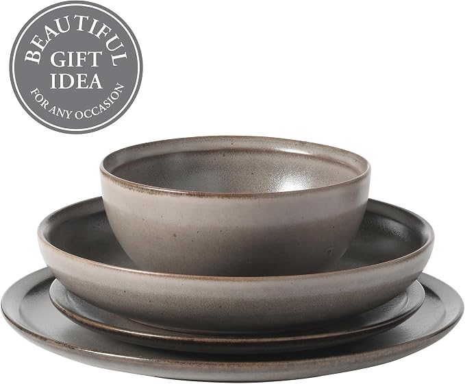 Gibson Elite Beckett Stoneware Matte Reactive Glaze 16 Piece (Service for 4) Plates and Bowls Dinnerware Set - Grey