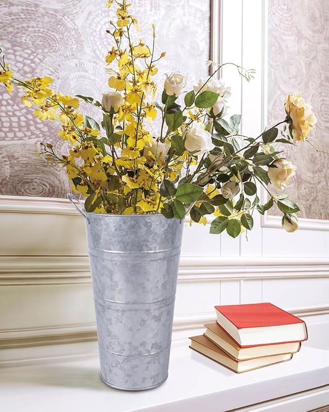 12 Inch Galvanized Metal Vases for Flowers - 2 Pcs Farmhouse Decorative Tall Flower Bucket with Handles, Rustic French Tin Planter Buckets for Wedding Decor (Silver)