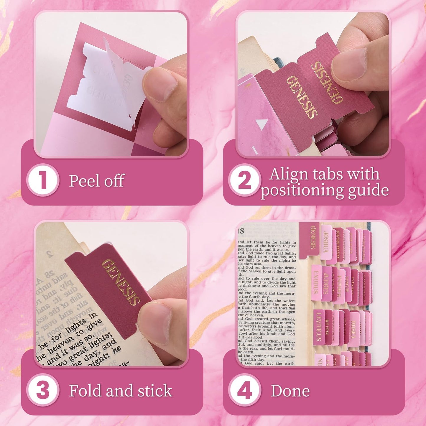 Skiennix Laminated Bible Tabs - Gold Foil Embossed Index Labels for Easy Navigation | 105 Chapters (Pink)