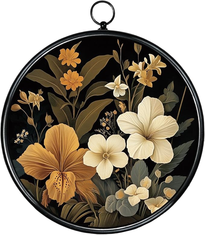 XIAOAIKA Round Vintage Wall Hanging Decor, Printed Textured Surface with Wood Back, Yellow Floral Design, Black Metal Frame, Ready to Hang for Living Room Bedroom, 10 Inch