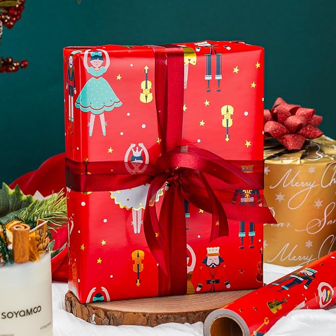 MAYPLUSS Red Christmas Wrapping Paper Roll - 17IN X 33FT - Christmas Nutcracker Gift Wrapping Paper Featuring Ballet Guitar Gold Star Reversible Gold for Kids, Holiday, New Year