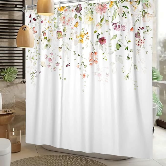 Spring Flower Extra Long Shower Curtain, Floral Colorful Nature Machine Washable Waterproof for Bathroom Bathtub Decor with Hooks 72Wx78H