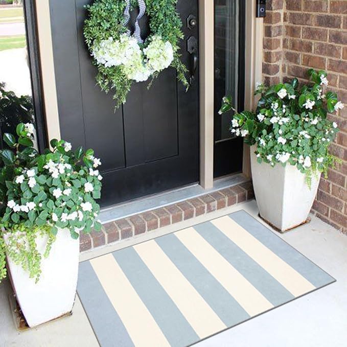 Front Door Mat Outside Entrance - 2x3 Sky Blue White Non-Slip Washable Doormat Indoor Outdoor Entrance Striped Rug Small Throw Rugs for Entryway Bedroom Kitchen Laundry Room Summer Porch Decor