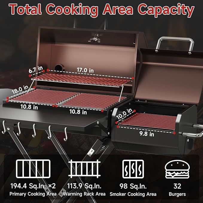 kscocinaBBQ Portable Charcoal Grill with Smoking Function, Foldable Suitcase Design with Wheels, Multi-Tier Storage Rack & Waterproof Cover for Outdoor BBQ Parties (Khaki)