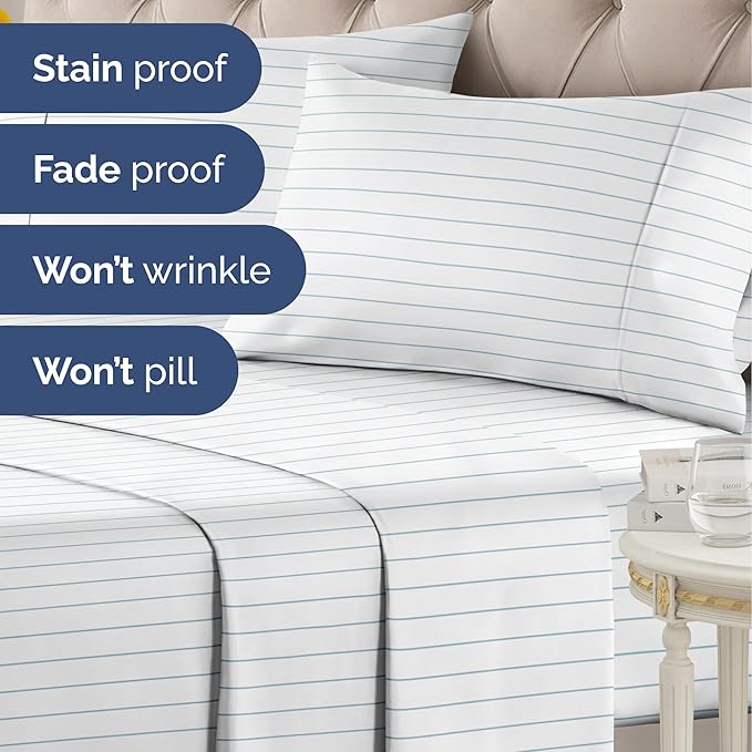Striped Sheets - Blue & White Striped Sheets - 1 Flat & 1 Fitted & 2 Pillowcases w/ Deep Pockets – Wrinkle & Fade Free - Ultra-Soft, Breathable & Cooling – Luxury Pinstripe Bedding - Full Size Bed Set